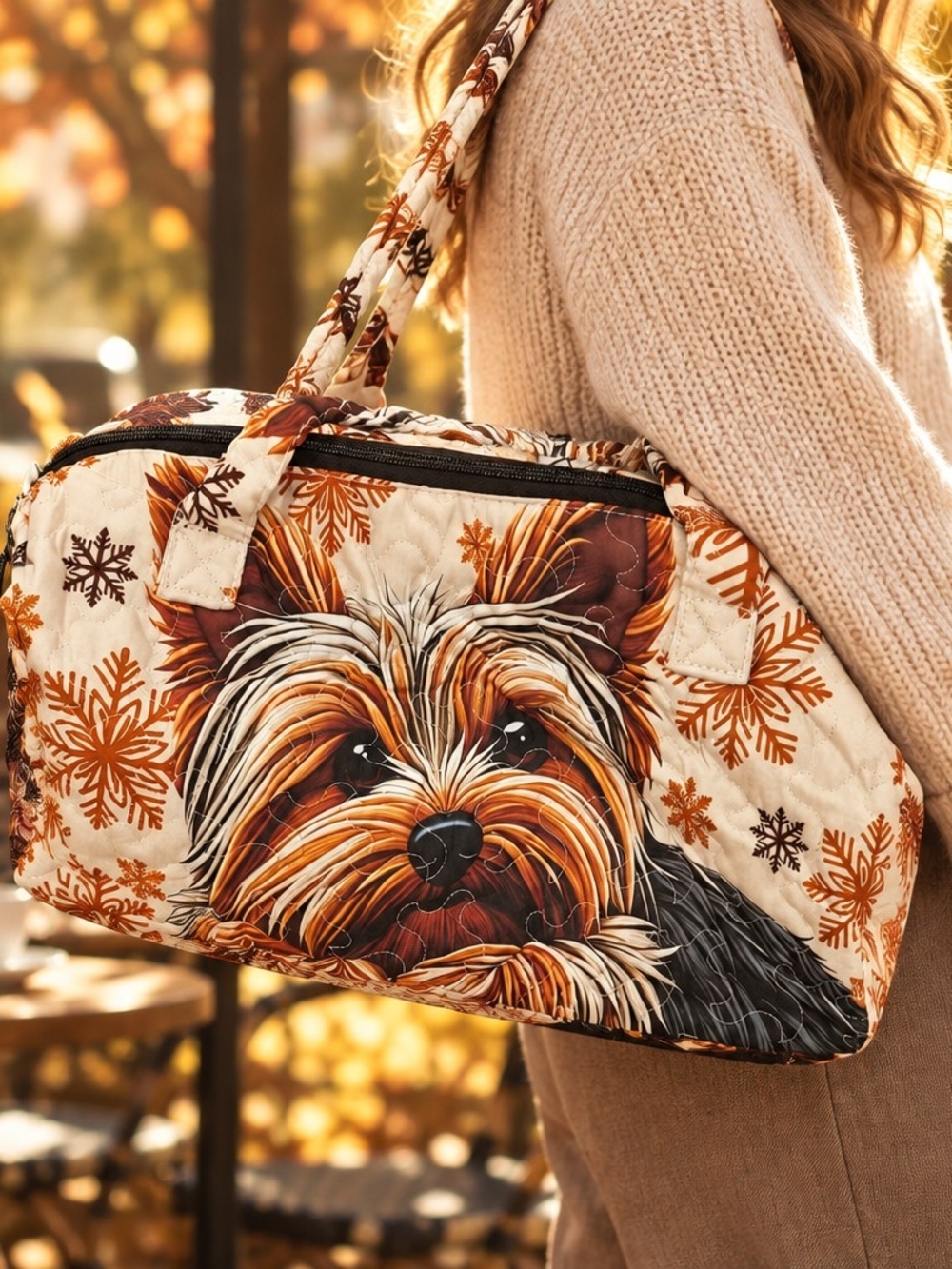Cream & Brown Quilted Yorkshire Terrier Tote Bag